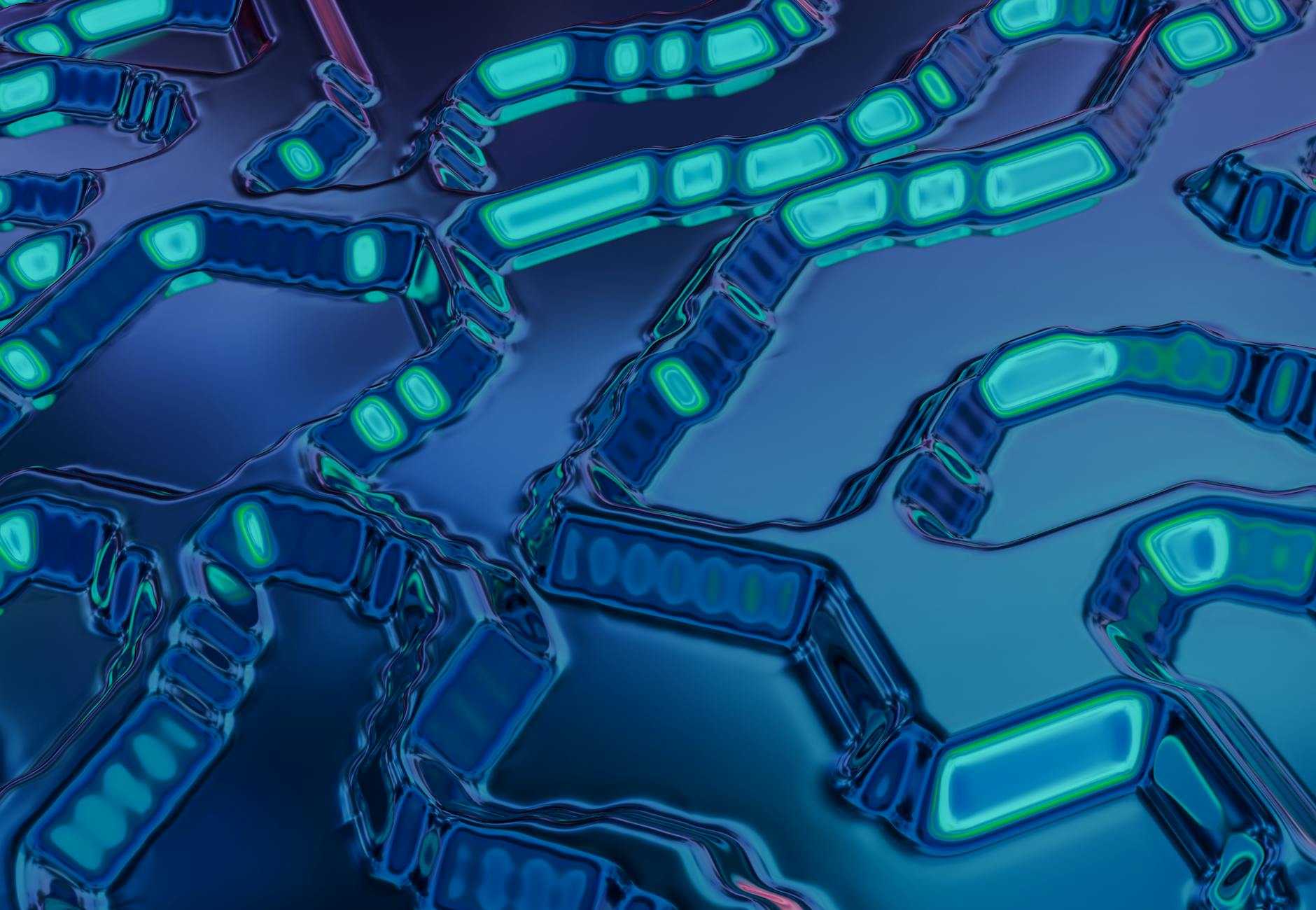 High-tech abstract art featuring blue and teal circuit-like patterns with a digital vibe.